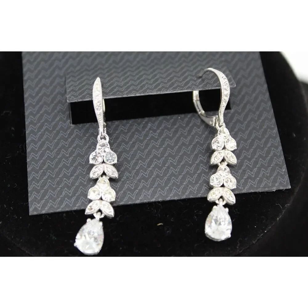 NADRI Crystal Drop Earrings Silver Tone Rhinestone Floral Dangle Bridal